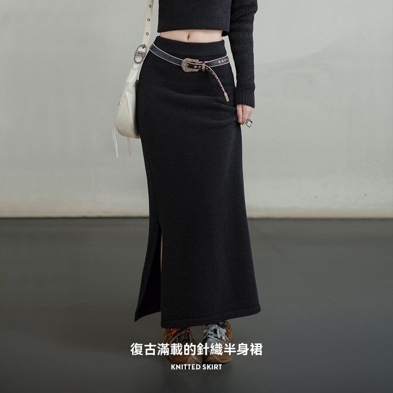 馬登女裝 美式針織半身裙設計感修身顯瘦開叉包臀裙A字一步長裙秋季女