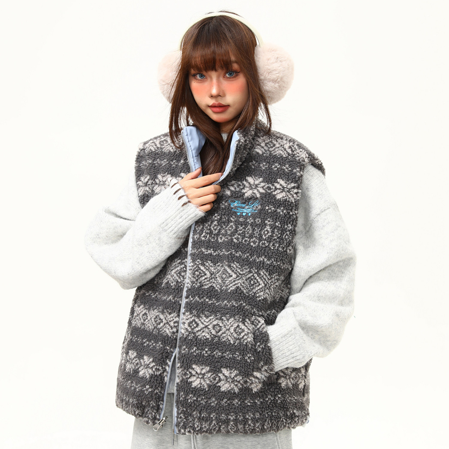 復古羊羔絨立領費爾島夾棉馬甲外套女冬季氛圍感雙面穿