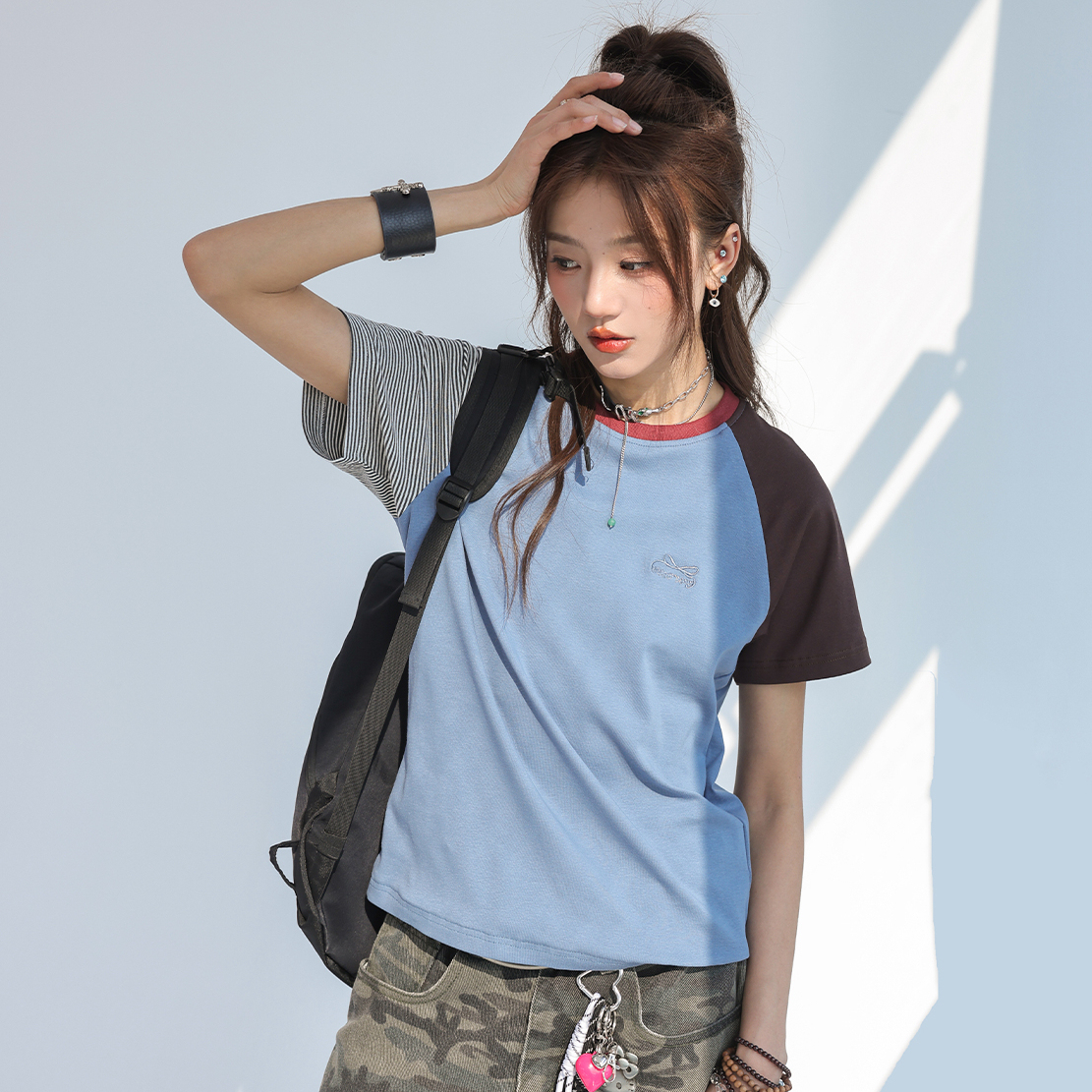 撞色拼接條紋短袖女t恤夏蝴蝶結刺繡上衣設計感小眾