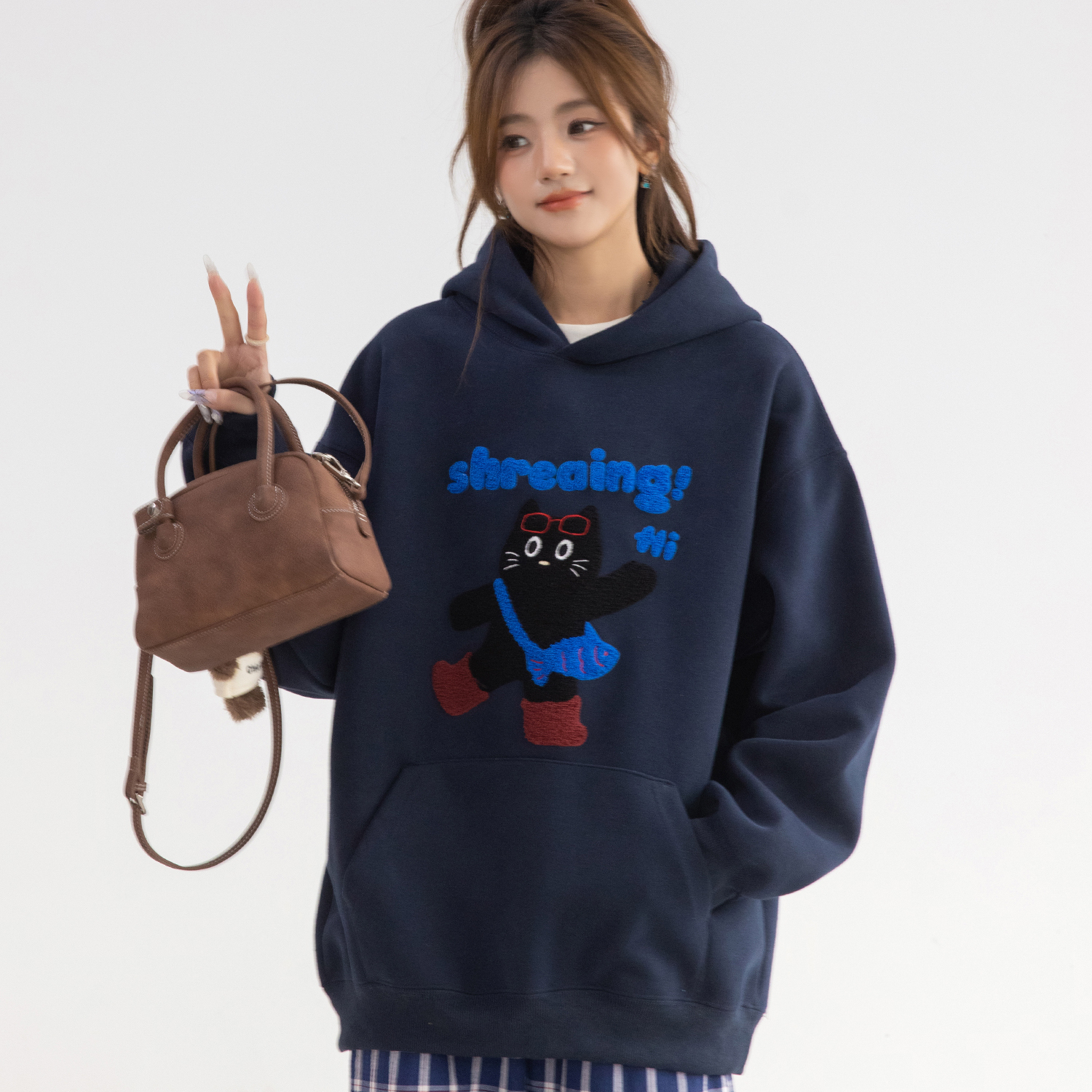 韓系可愛猫咪毛巾繡連帽衛衣女款小個子寬鬆長袖上衣