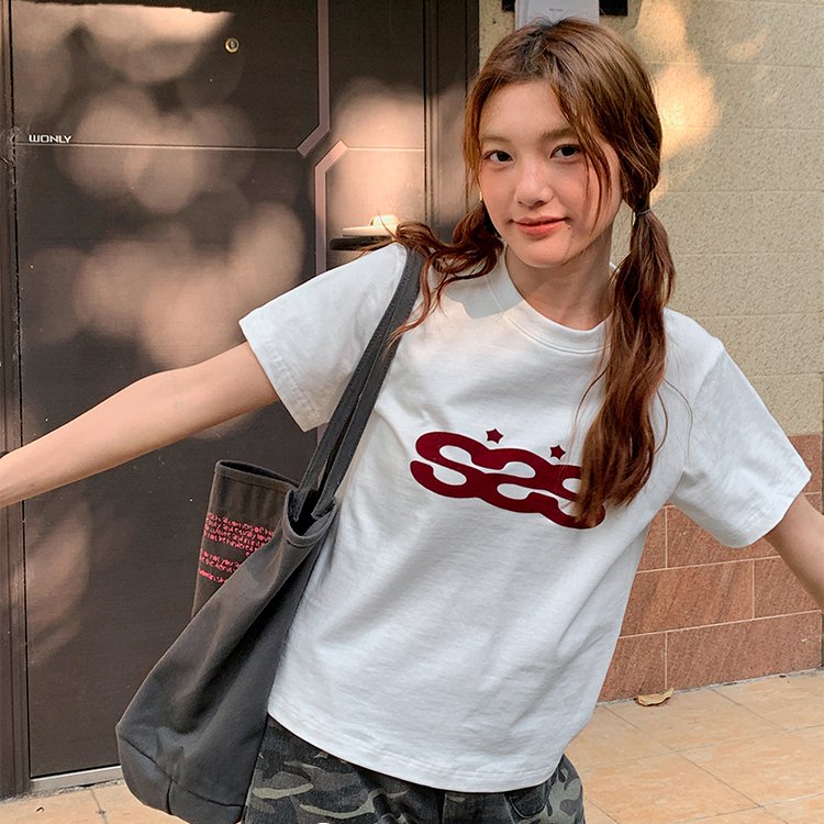 美式復古原創植絨印花正肩短袖t恤女甜酷顯瘦短款小個子上衣
