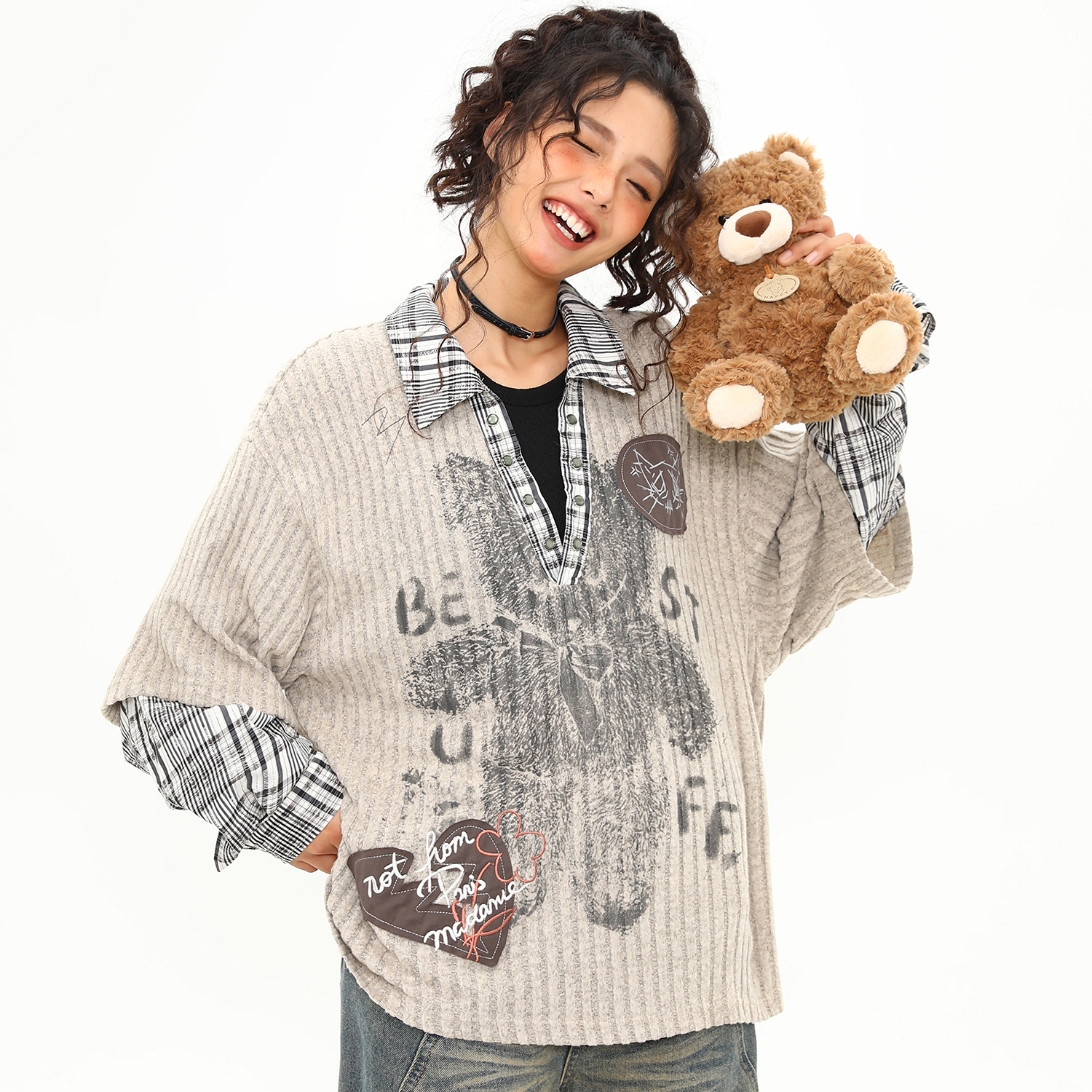 美式復古小熊圖案V領長袖T恤女秋季假兩件翻領設計感上衣