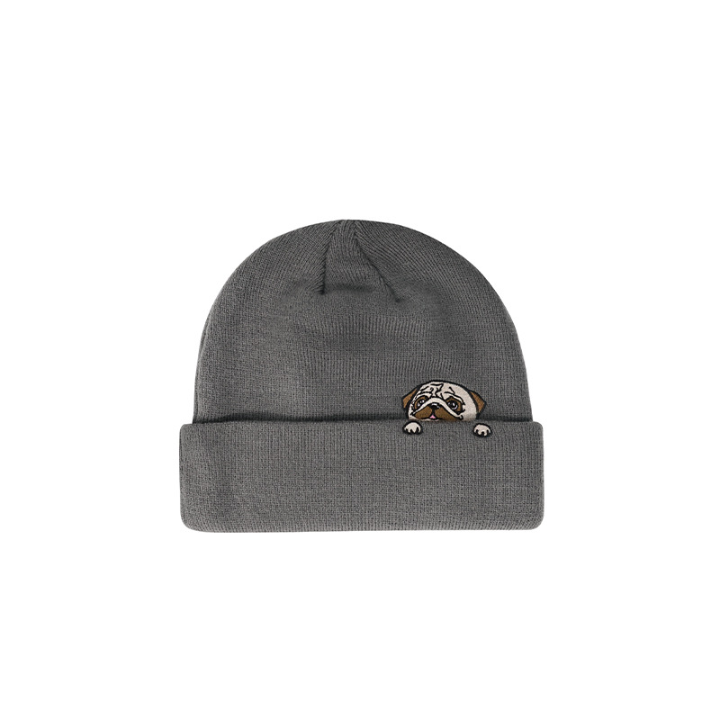 日系小狗刺繡毛線帽秋冬加厚帽子護耳針織帽男女冷帽