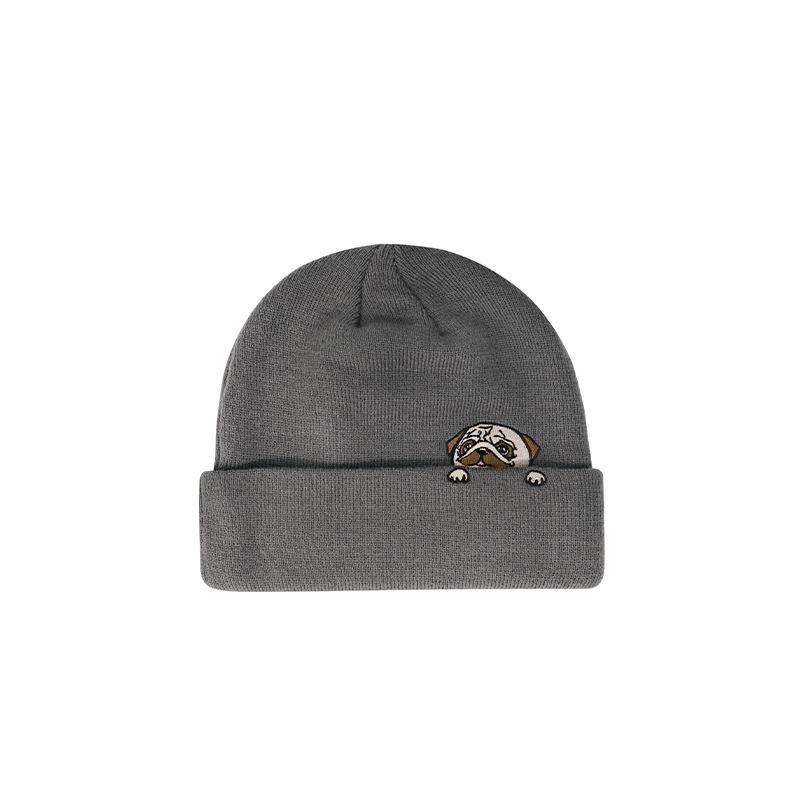 日系小狗刺繡毛線帽秋冬加厚帽子護耳針織帽男女冷帽