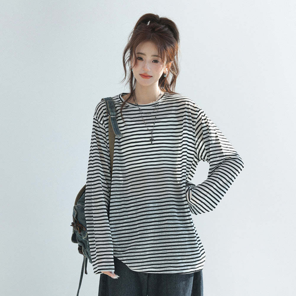 條紋長袖t恤女夏2025新款chic韓系上衣薄款防曬罩衫