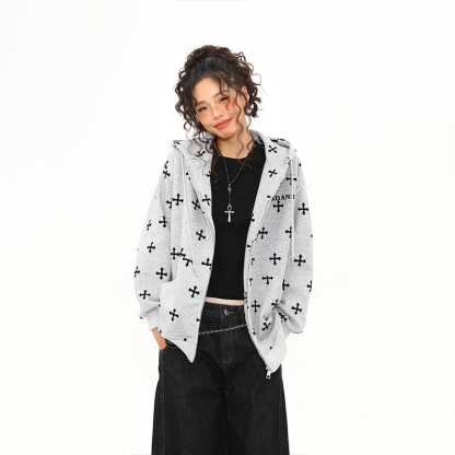美式復古十字架印花連帽衛衣女秋冬寬鬆慵懶風拉鍊外套