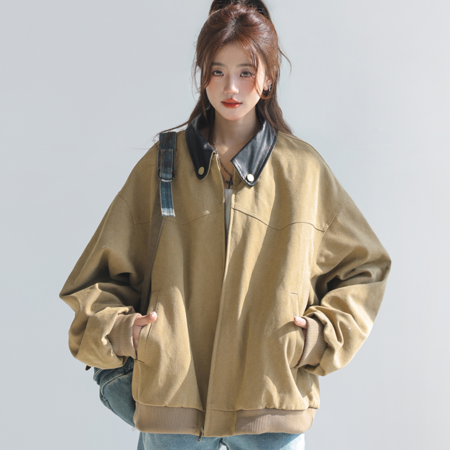 巴恩風外套女短款小個子美式復古pu拼皮工裝翻領夾克