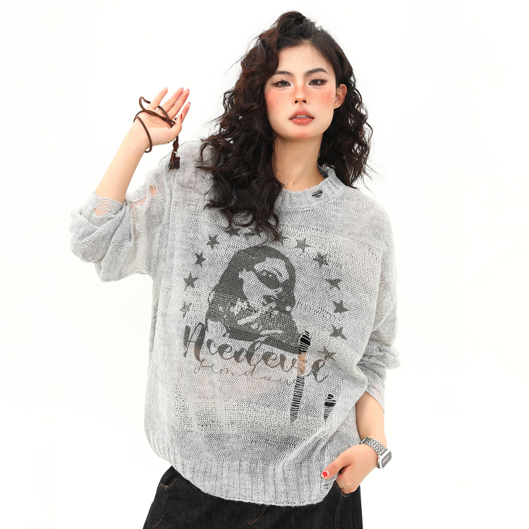 美式復古印花破洞鏤空防曬長袖罩衫女夏季慵懶風針織上衣