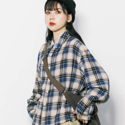 美式復古cleanfit毛邊格子翻領長袖襯衫女春秋寬鬆上衣外套