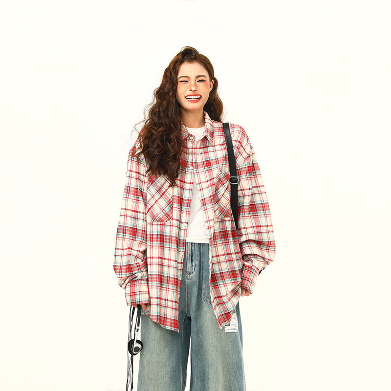 美式復古磨毛格紋長袖襯衫女秋季慵懶外穿格子寬鬆襯衣