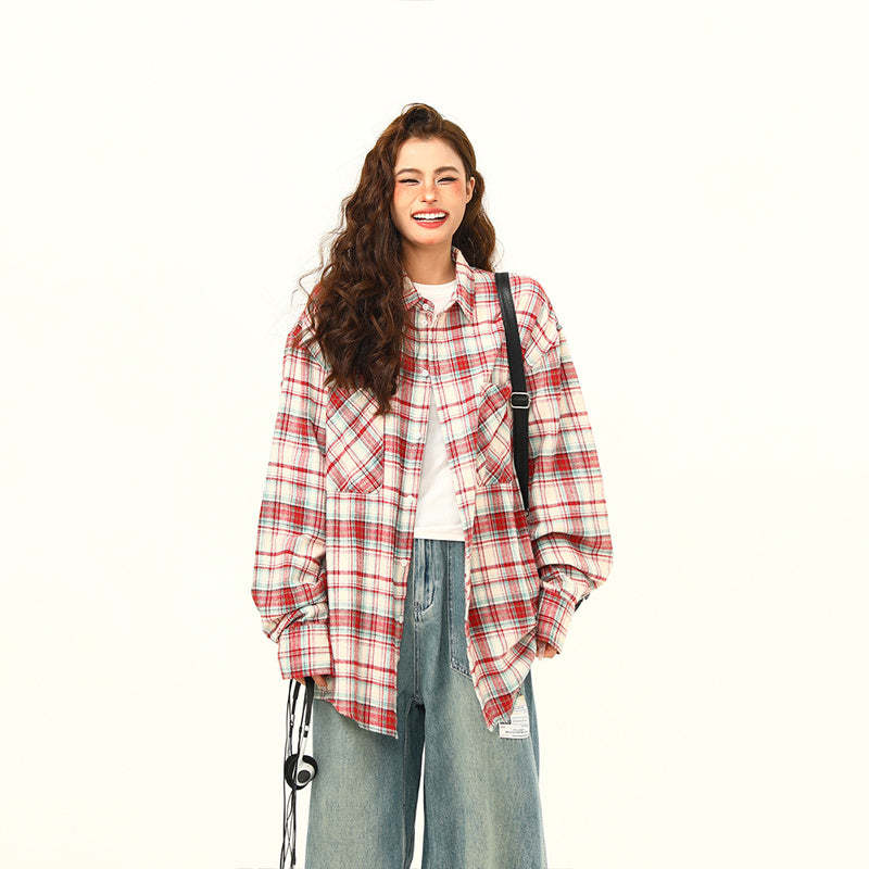 美式復古磨毛格紋長袖襯衫女秋季慵懶外穿格子寬鬆襯衣