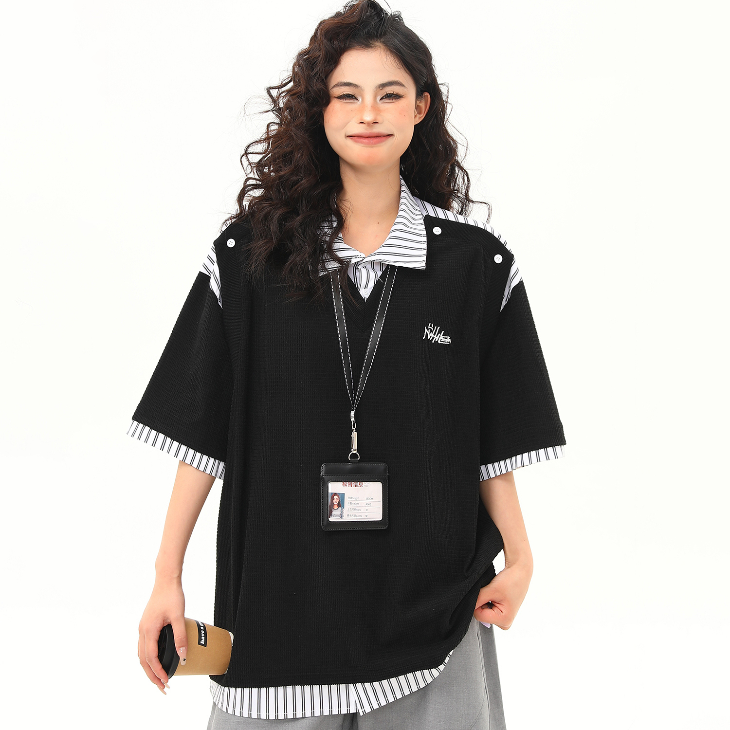 夏季新款美式復古假兩件高級感短袖T恤女學院風寬鬆上衣