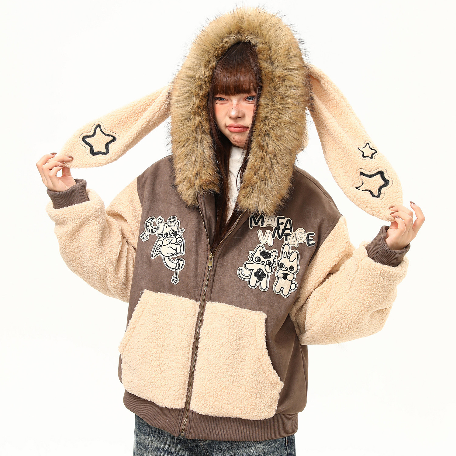 美式復古羊羔絨拼接毛領兔耳朵棉服外套女冬季加厚棉襖