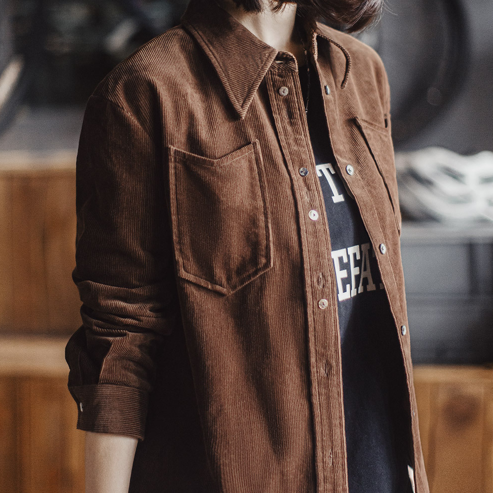 美拉德咖色純棉燈芯絨上衣雙排扣肌理感長袖襯衫外套秋季女士
