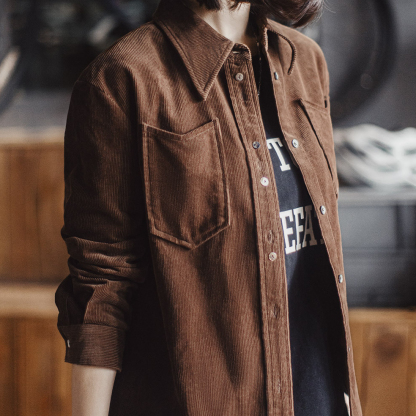 美拉德咖色純棉燈芯絨上衣雙排扣肌理感長袖襯衫外套秋季女士