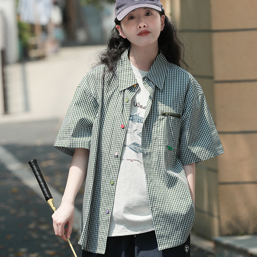 日系復古格子撞色五分袖襯衫女純棉寬鬆工裝休閒短袖襯衣