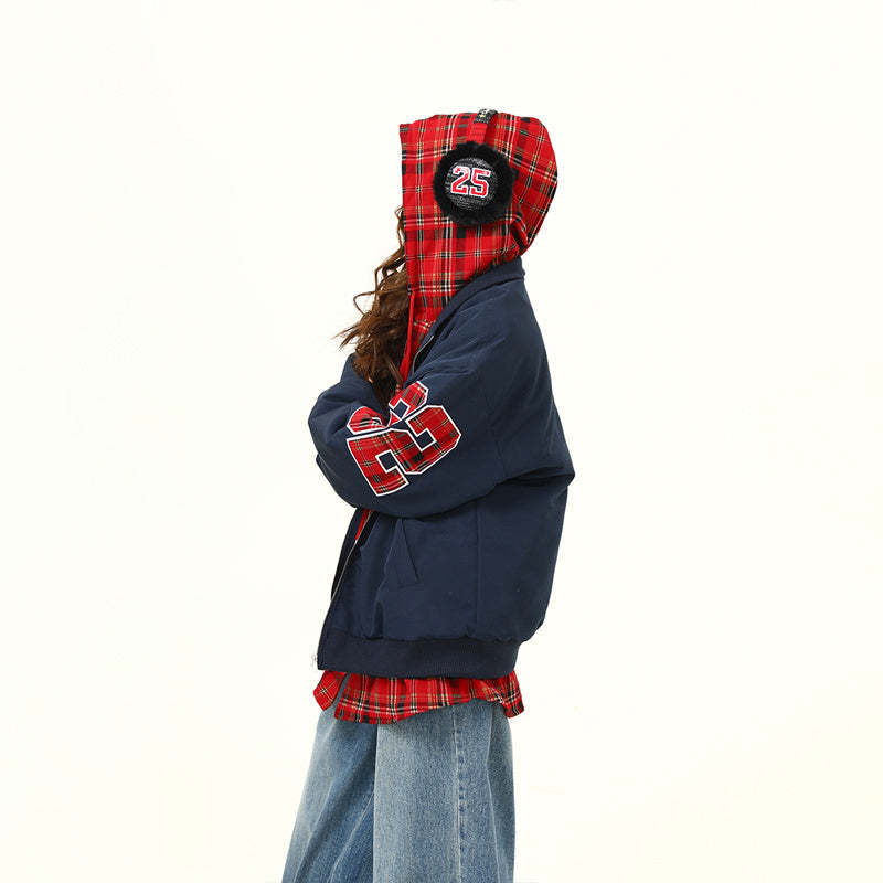 美式復古假兩件連帽潮牌棉服外套女冬季加厚保暖棉衣