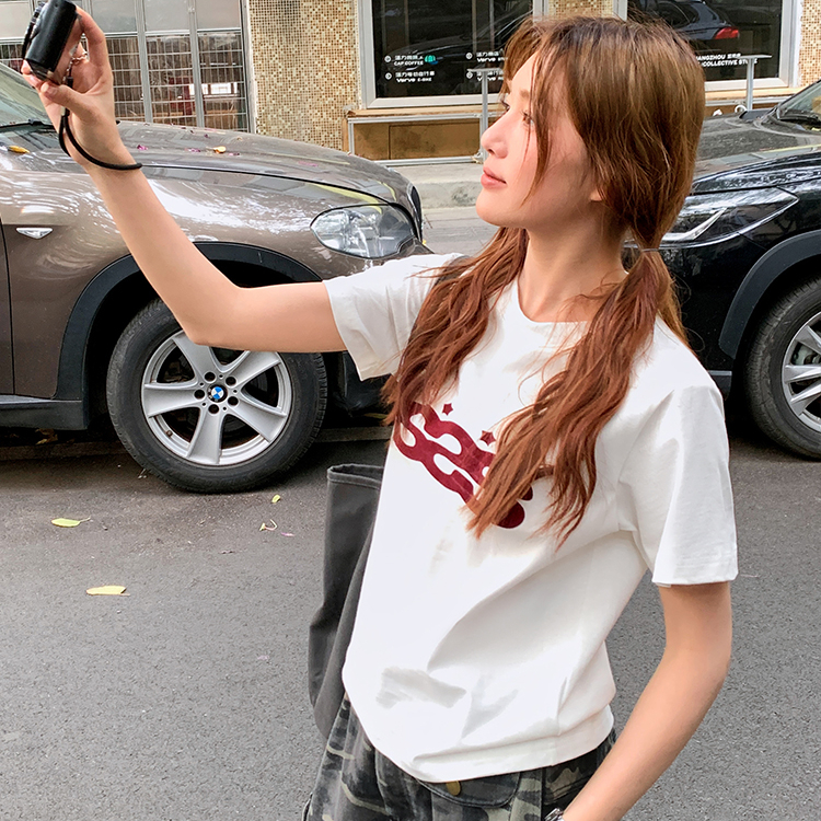 美式復古原創植絨印花正肩短袖t恤女甜酷顯瘦短款小個子上衣