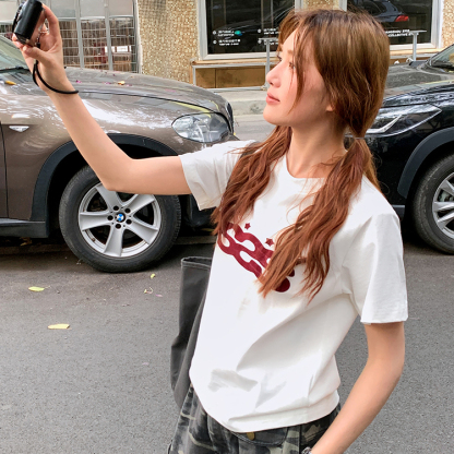 美式復古原創植絨印花正肩短袖t恤女甜酷顯瘦短款小個子上衣