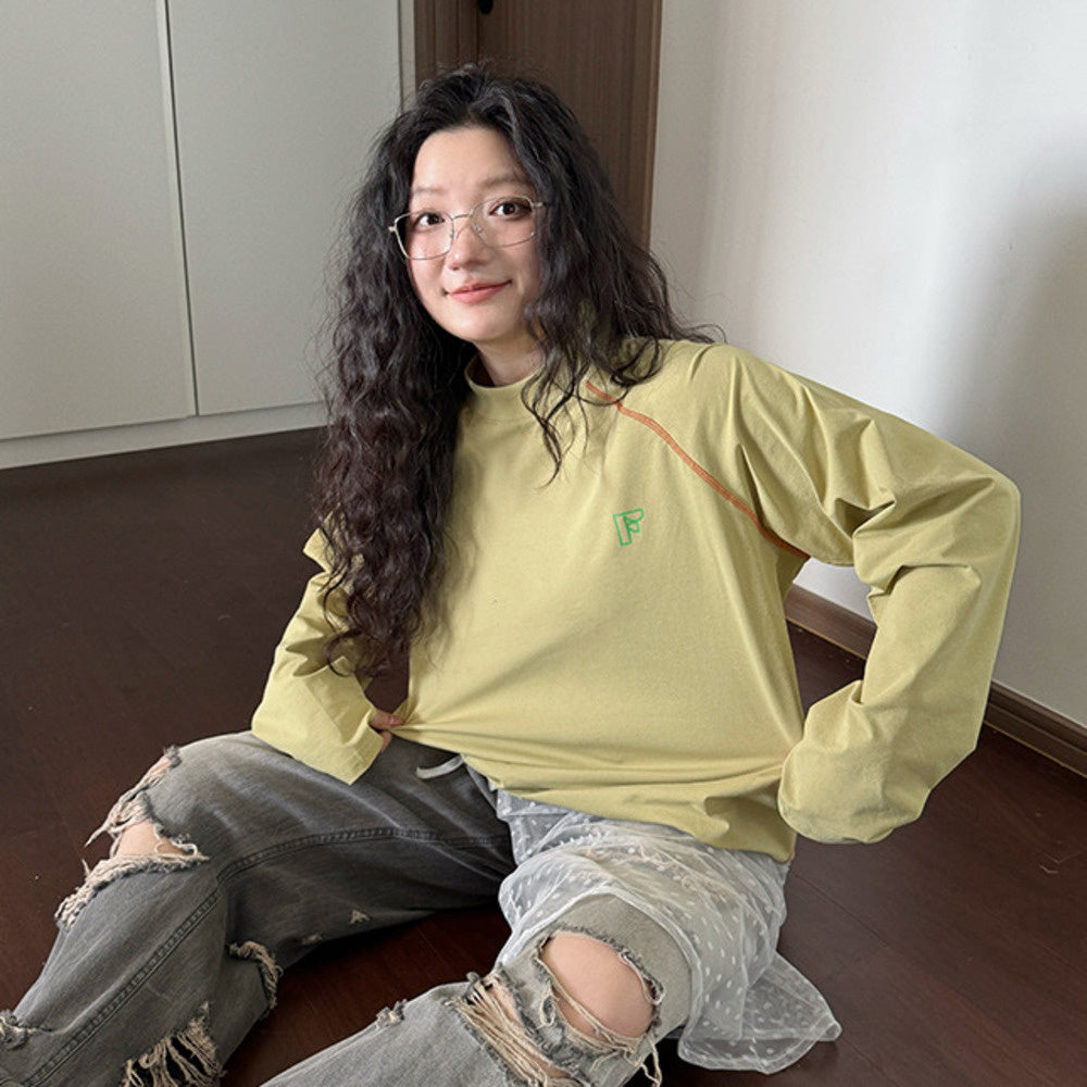 2025春季韓版拼色字母印花長袖t恤寬鬆休閒女打底衫上衣