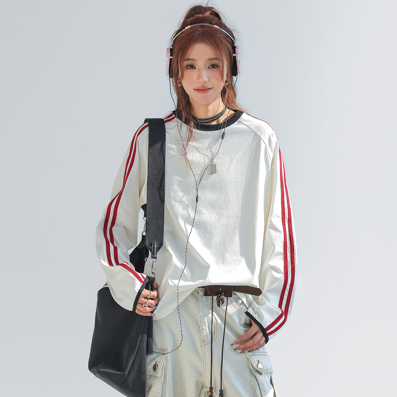 美式復古撞色拼接條紋長袖t恤女索羅娜圓領寬鬆上衣