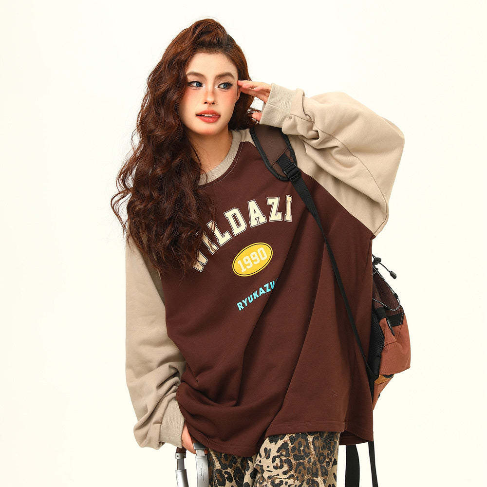 美式復古vintage字母圓領衛衣女秋寬鬆百搭上衣