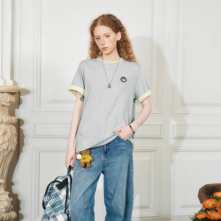 美式復古翻邊假兩件短袖T恤夏季重磅寬鬆休閒百搭半袖