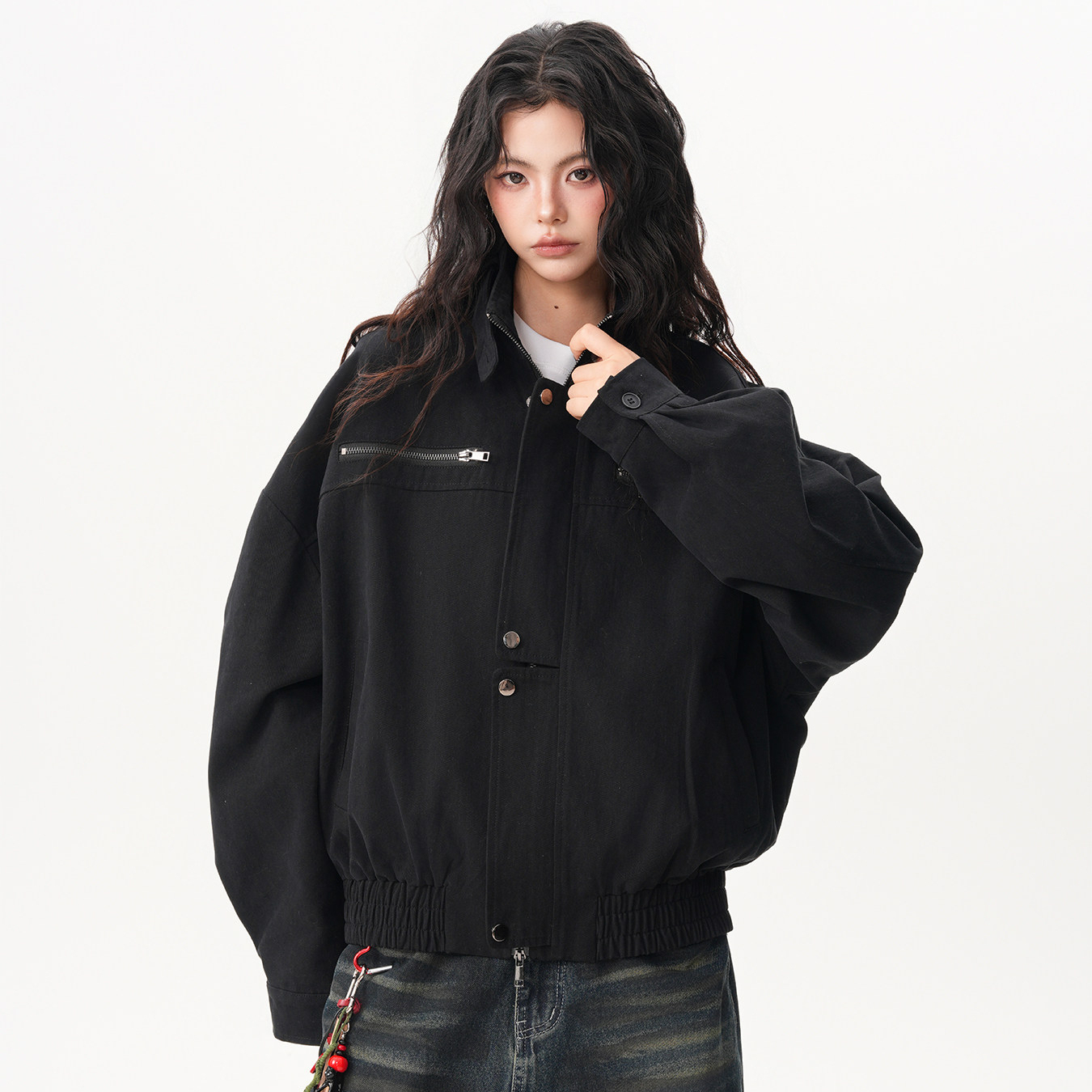 美式巴恩風立領工裝牛仔外套女秋季新款復古高級感短款機車夾克