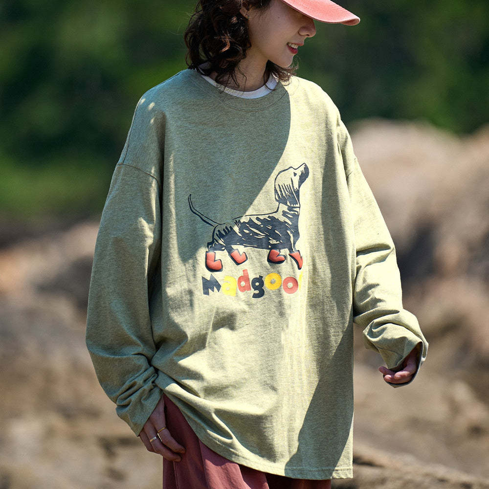 日系190克彩點棉寬鬆圓領塗鴉小狗印花長袖T恤