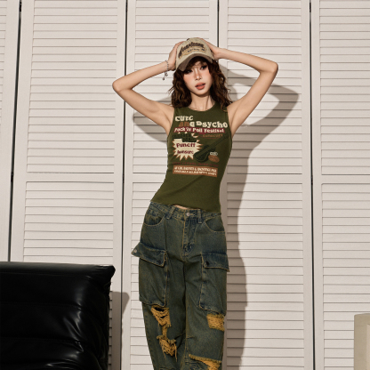 美式辣妹軍綠色吊帶背心女夏季外穿工字無袖t恤上衣