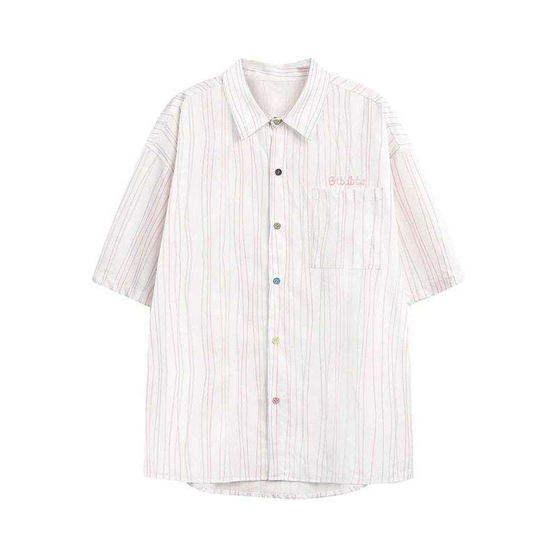 彩色條紋設計短袖襯衫女新款襯衣別致字母刺繡上衣
