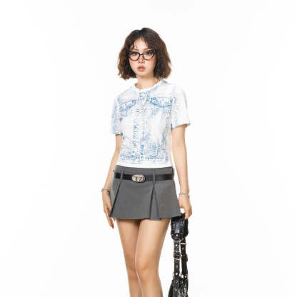 美式vintage牛仔印花短款t恤女短袖新款夏季顯瘦辣妹正肩上衣