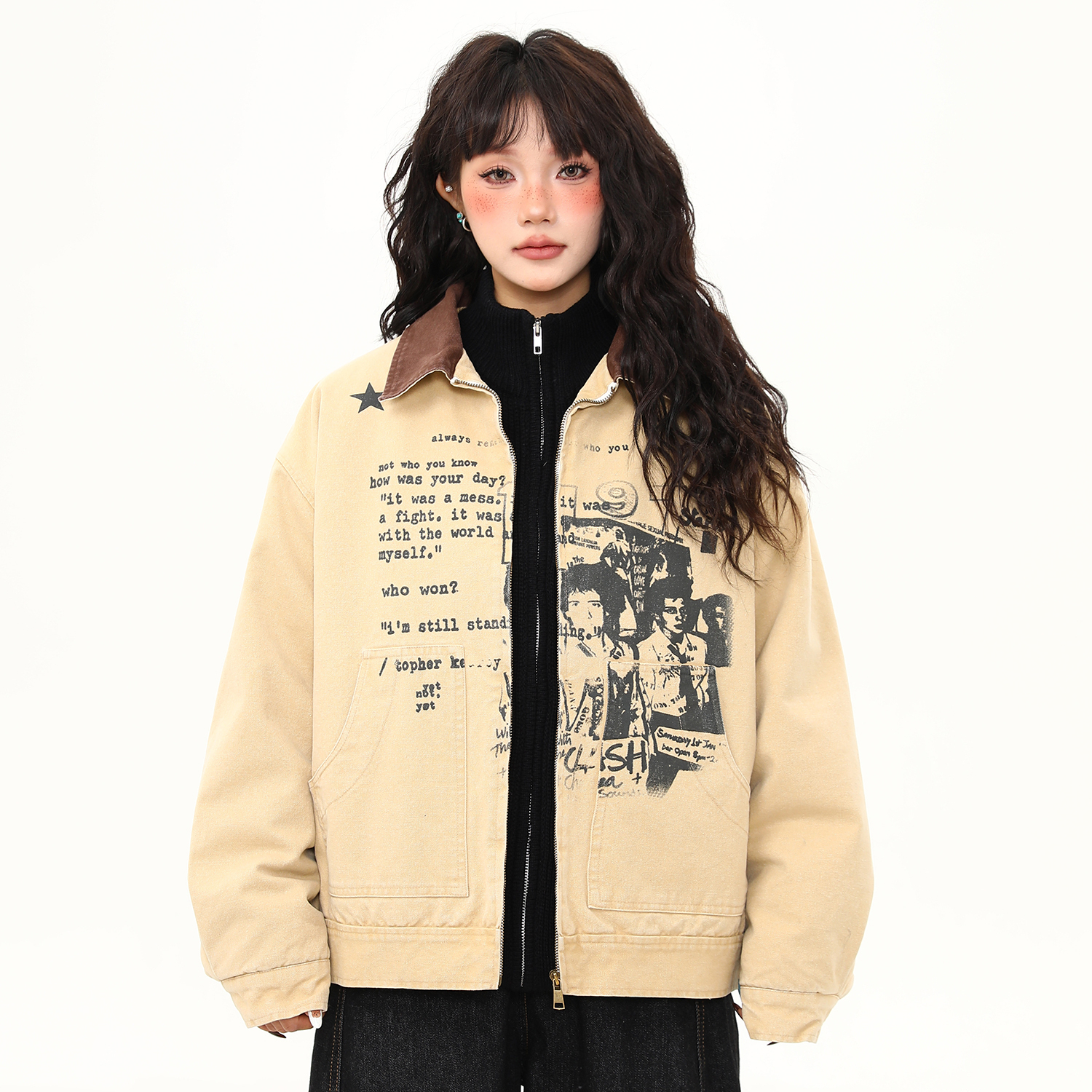 美式復古塗鴉印花羊羔絨夾克外套女冬季加厚保暖上衣