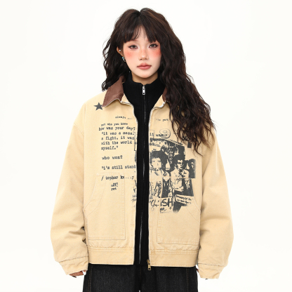 美式復古塗鴉印花羊羔絨夾克外套女冬季加厚保暖上衣