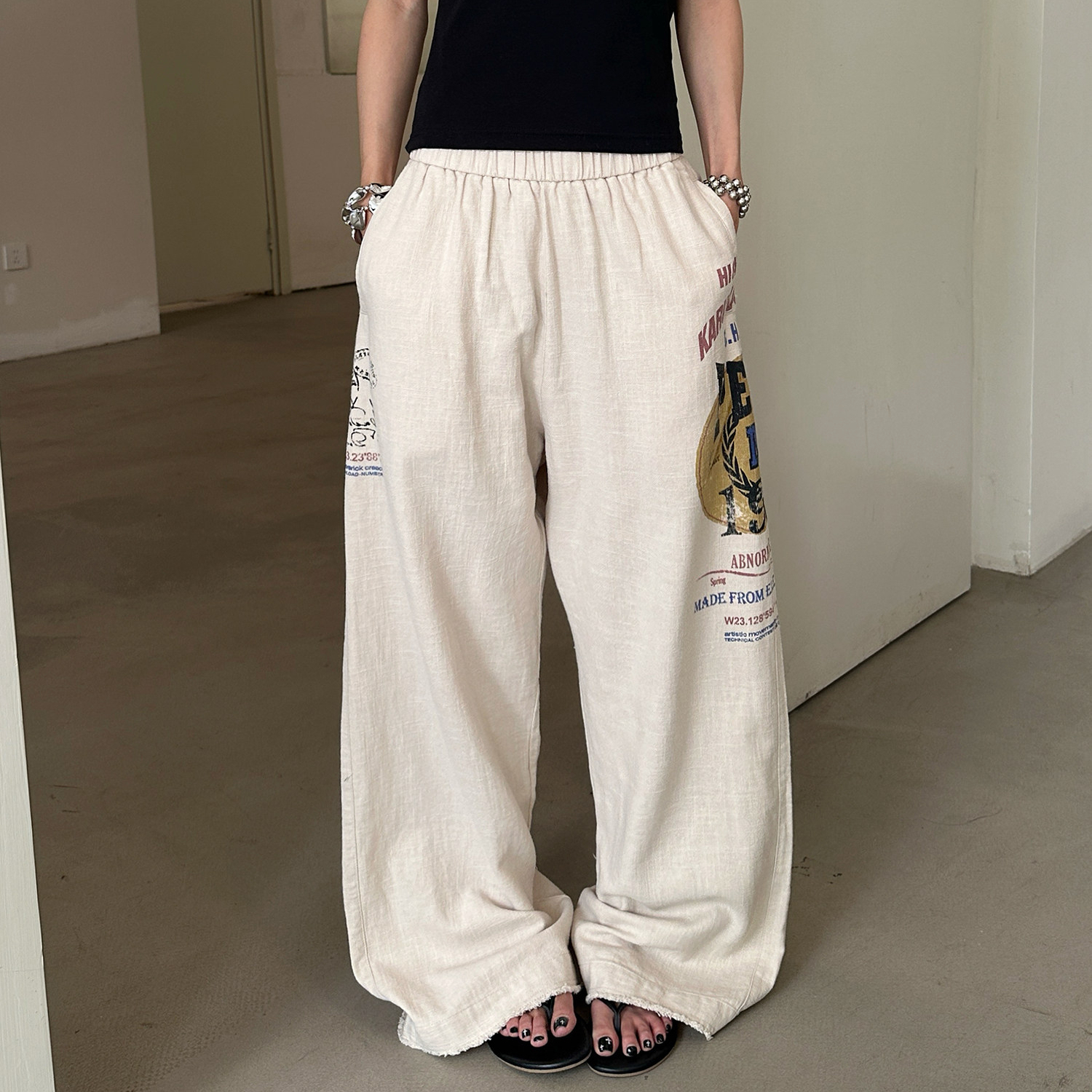 亞麻混紡休閒褲女夏季潮流美式印花寬鬆闊腿褲高級感褲子