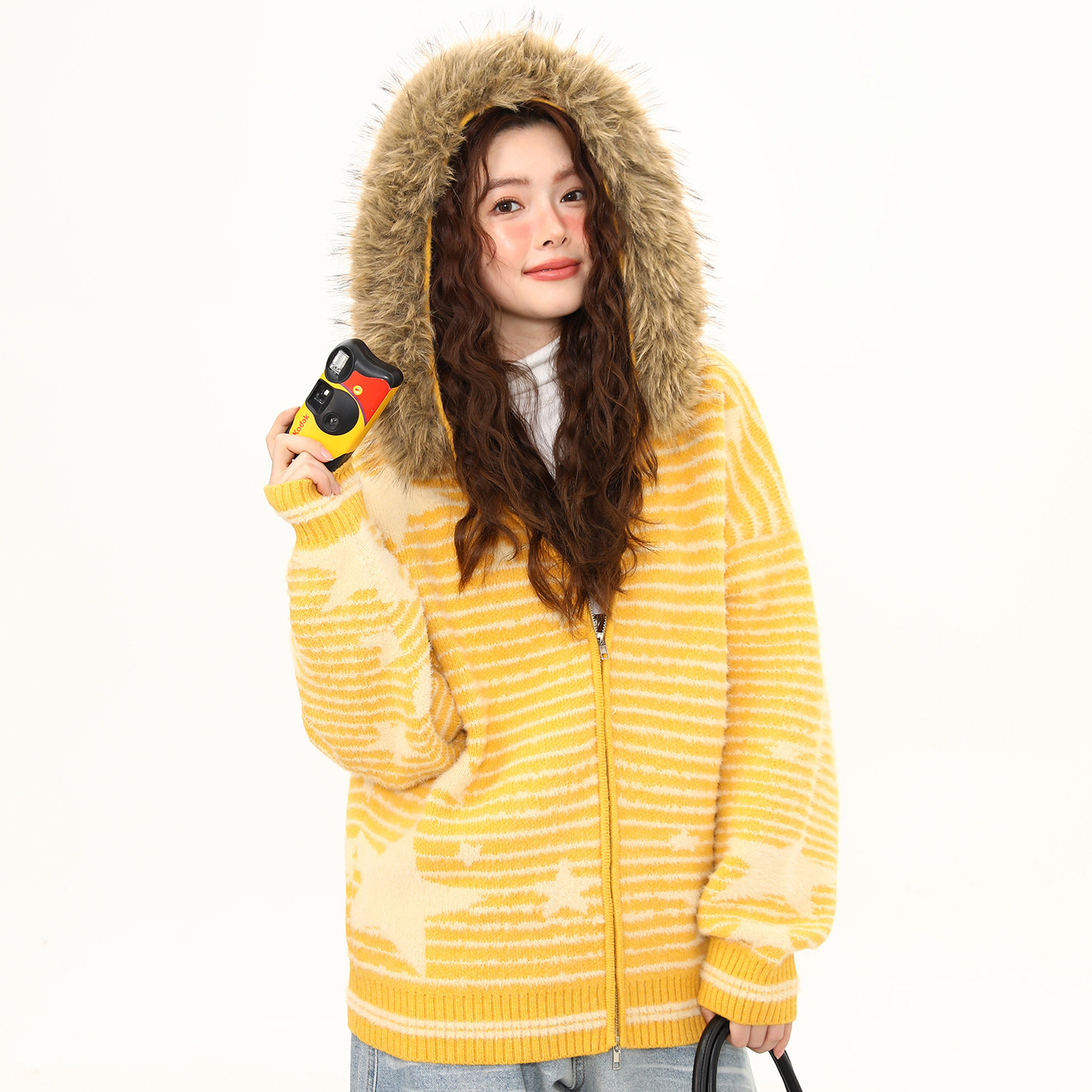 美式復古條紋星星毛領加厚連帽毛衣女秋冬開衫外套保暖