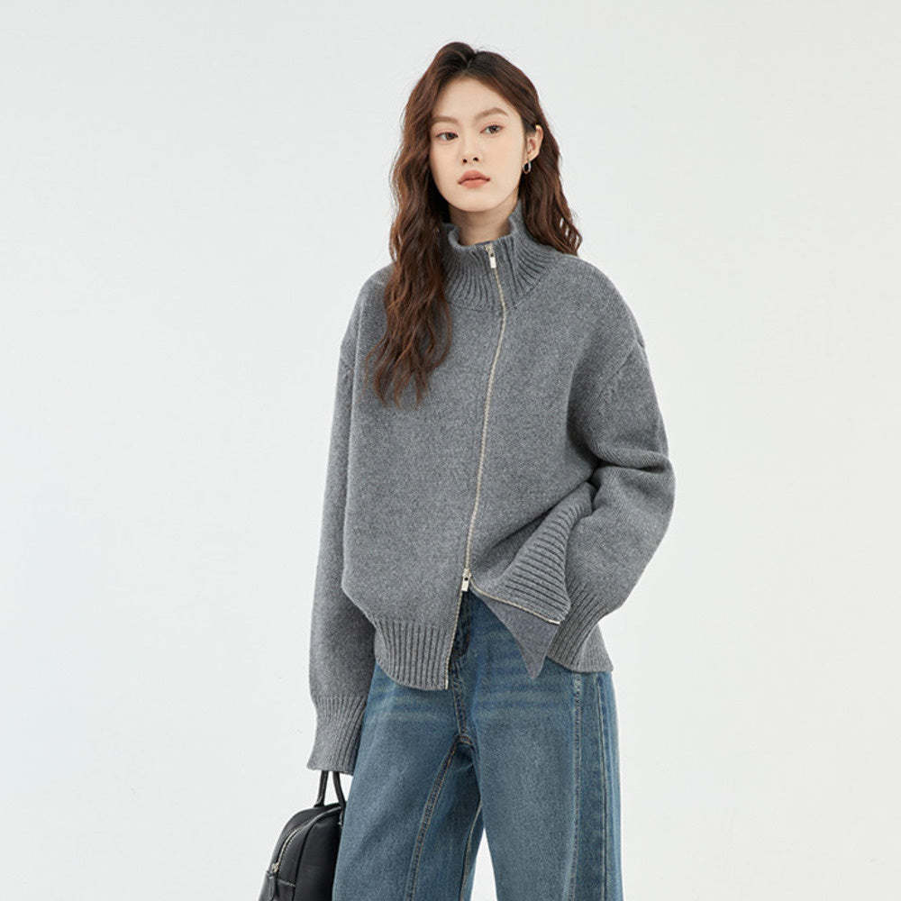 高級感通勤慵懶加厚針織毛衣開衫女高領灰色寬鬆套頭上衣