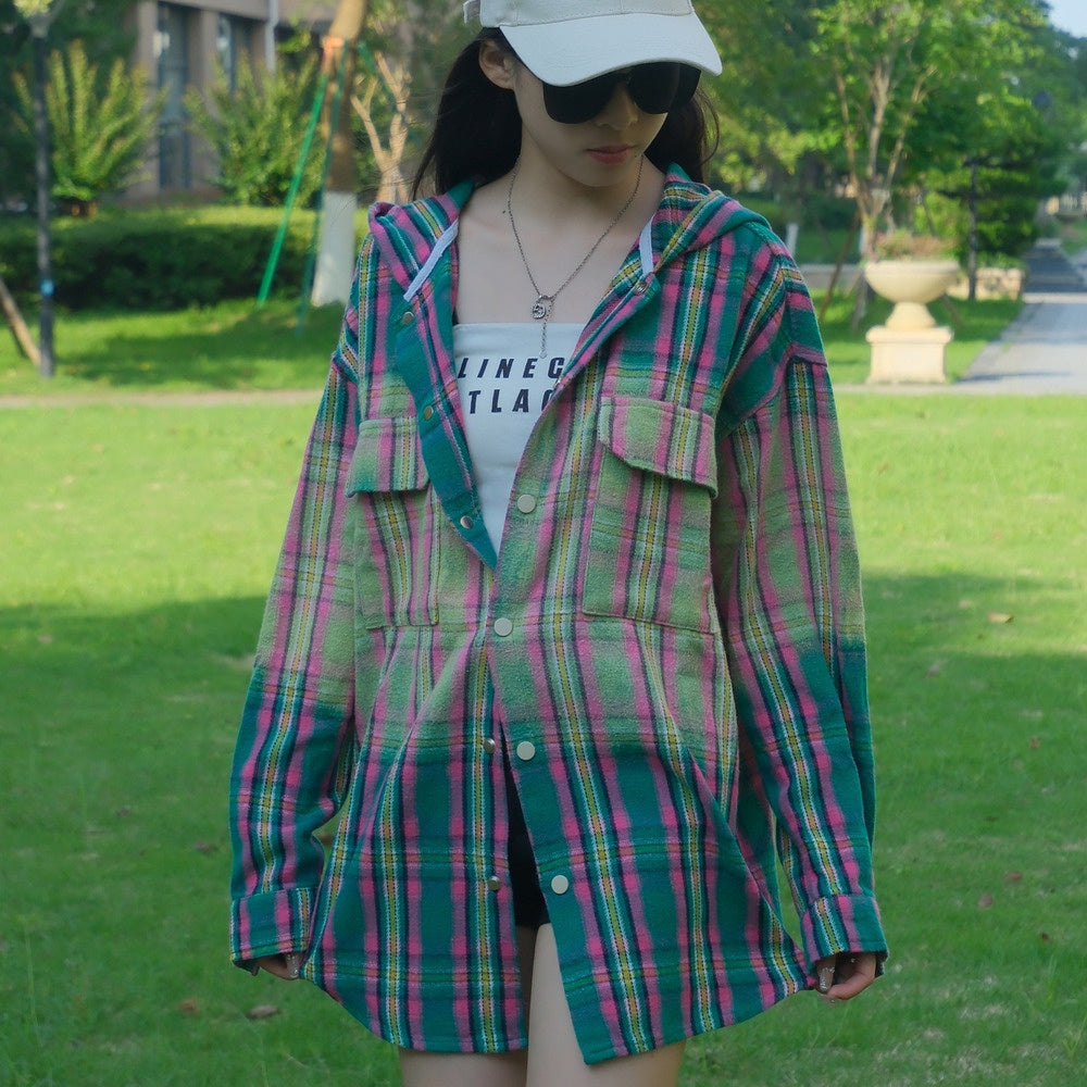 設計感小眾做舊襯衣oversize連帽格子長袖襯衫女