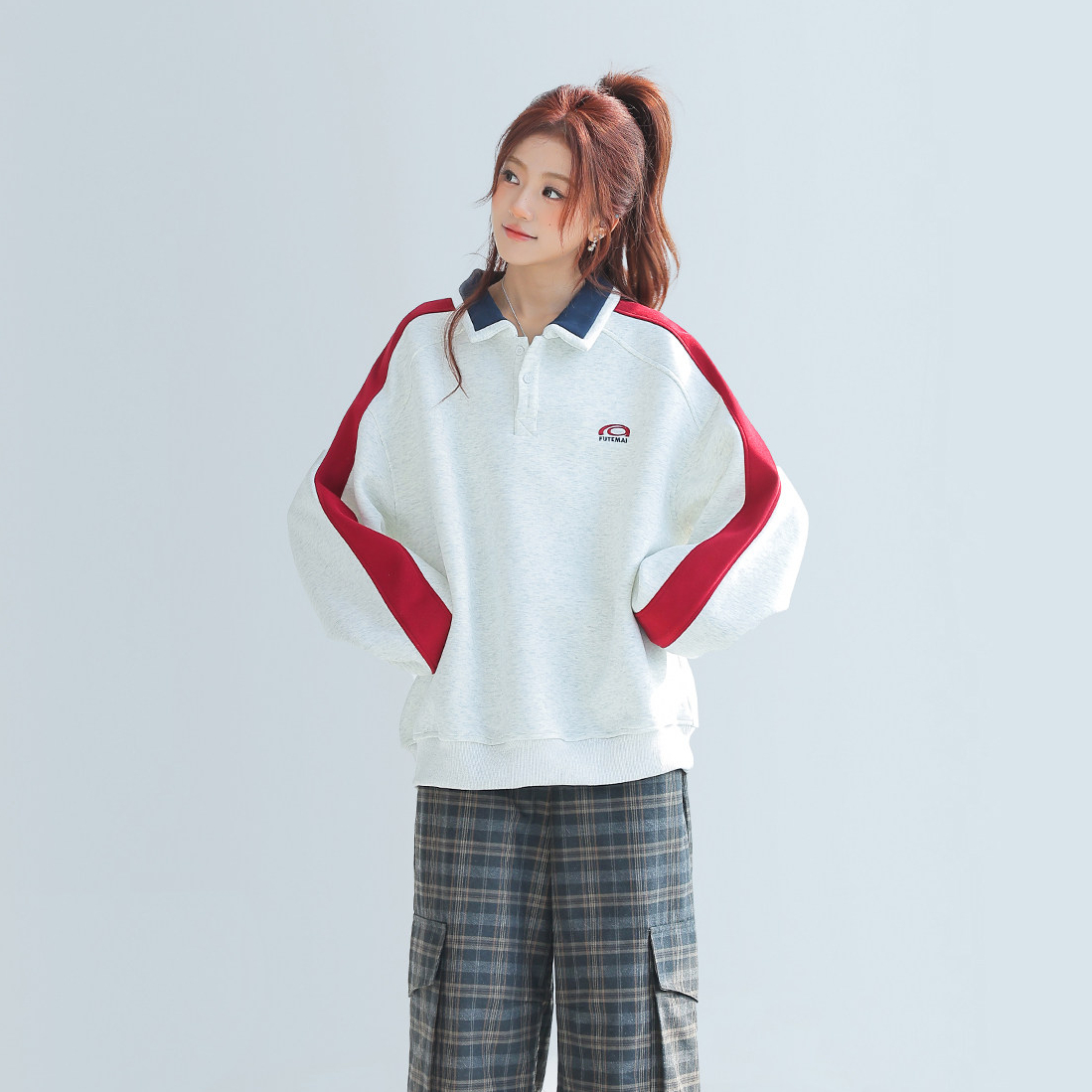 美式慵懶chic拼接翻領衛衣女款新款寬鬆上衣