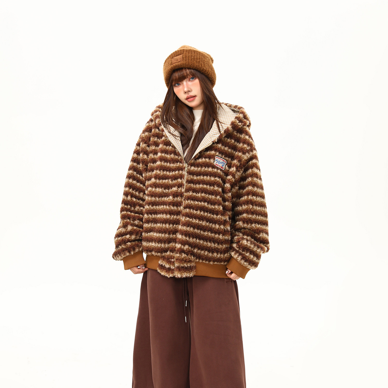 美式復古字母毛巾刺繡加厚毛絨連帽棉服外套女冬季氛圍感