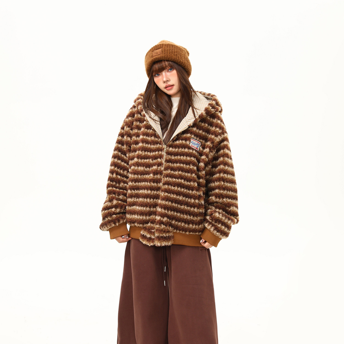 美式復古字母毛巾刺繡加厚毛絨連帽棉服外套女冬季氛圍感