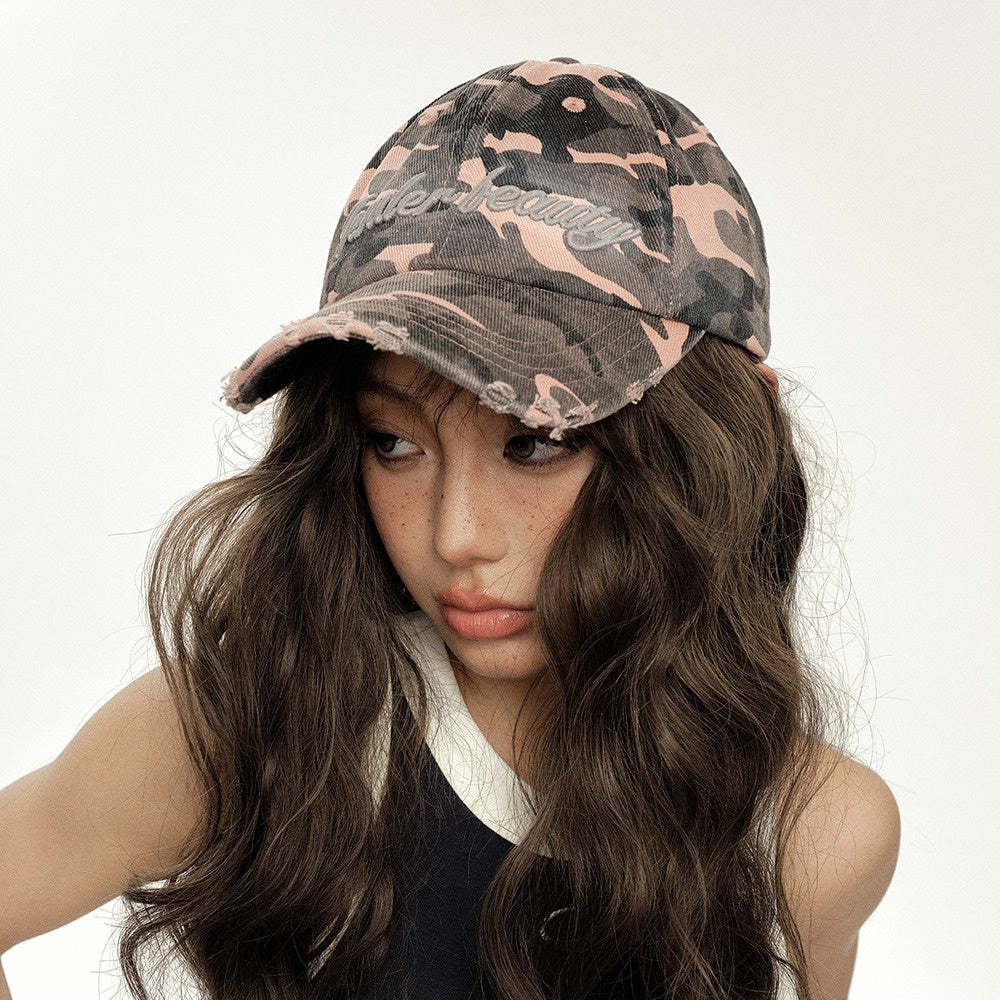 美式戶外工裝甜酷辣穿搭粉色迷彩鴨舌帽子女復古潮牌顯臉小棒球帽