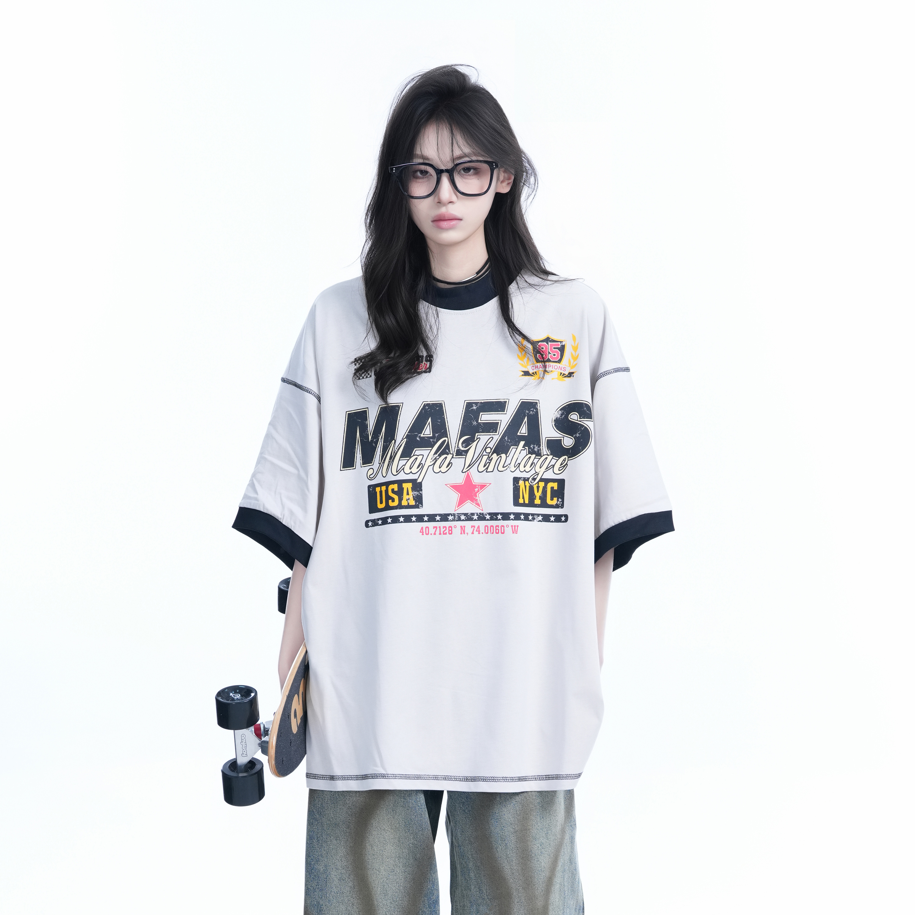 美式復古運動風潮牌短袖T恤女oversize寬鬆撞色半袖夏