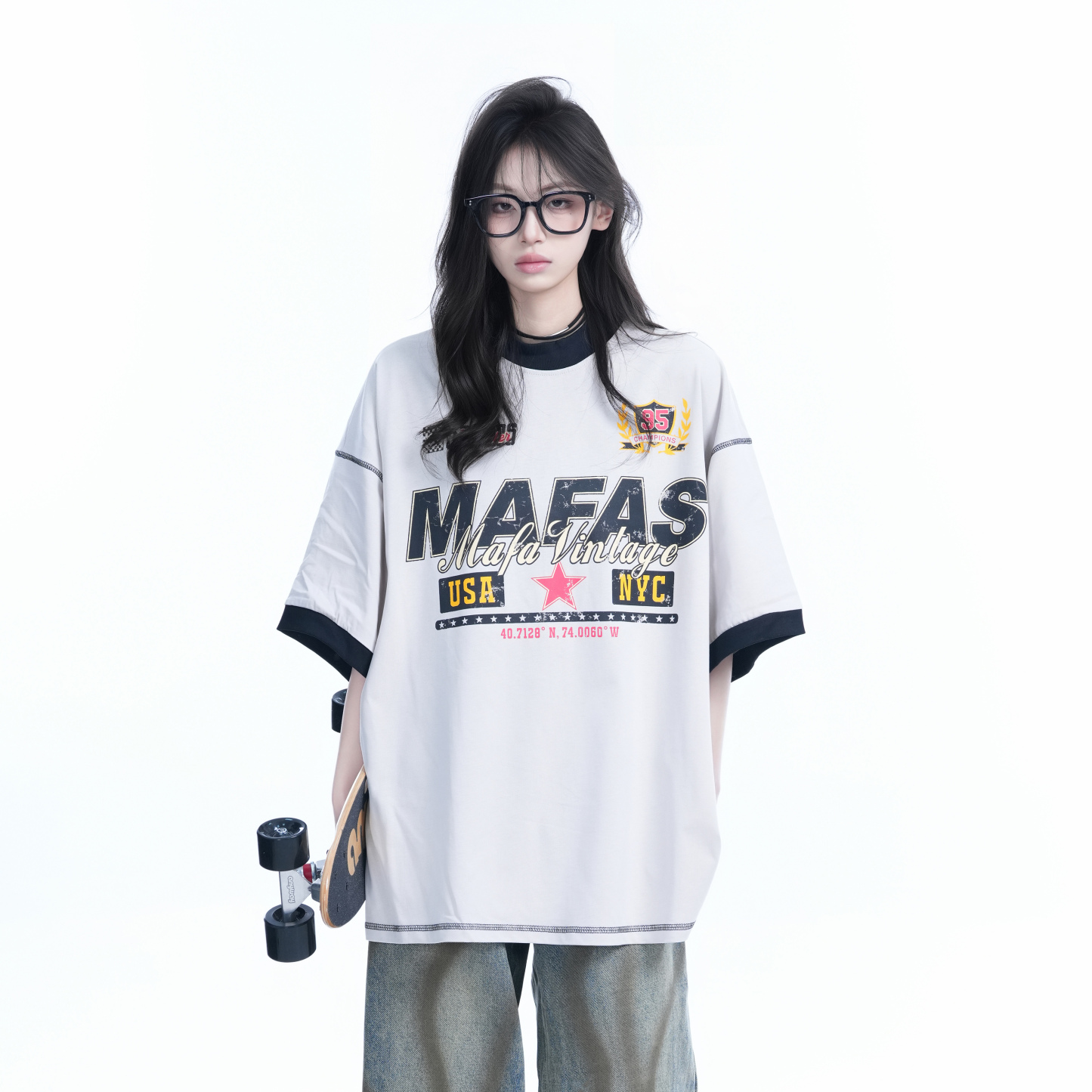 美式復古運動風潮牌短袖T恤女oversize寬鬆撞色半袖夏