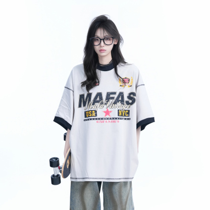 美式復古運動風潮牌短袖T恤女oversize寬鬆撞色半袖夏