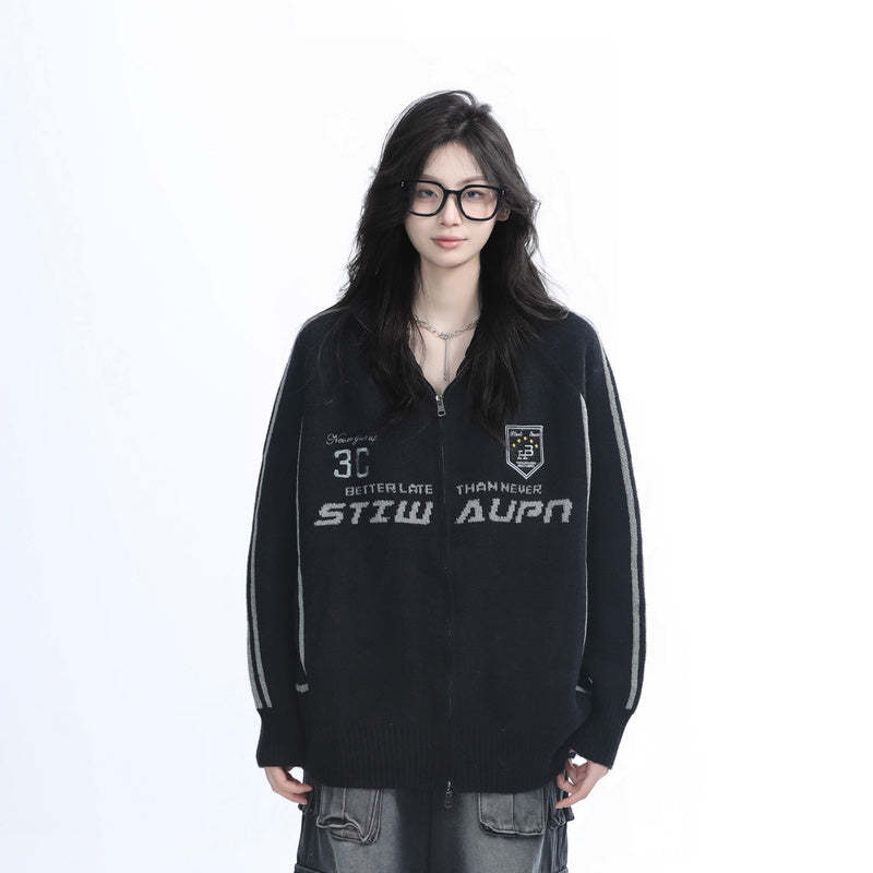 美式復古街頭黑色針織開衫外套女秋冬季寬鬆潮牌毛衣