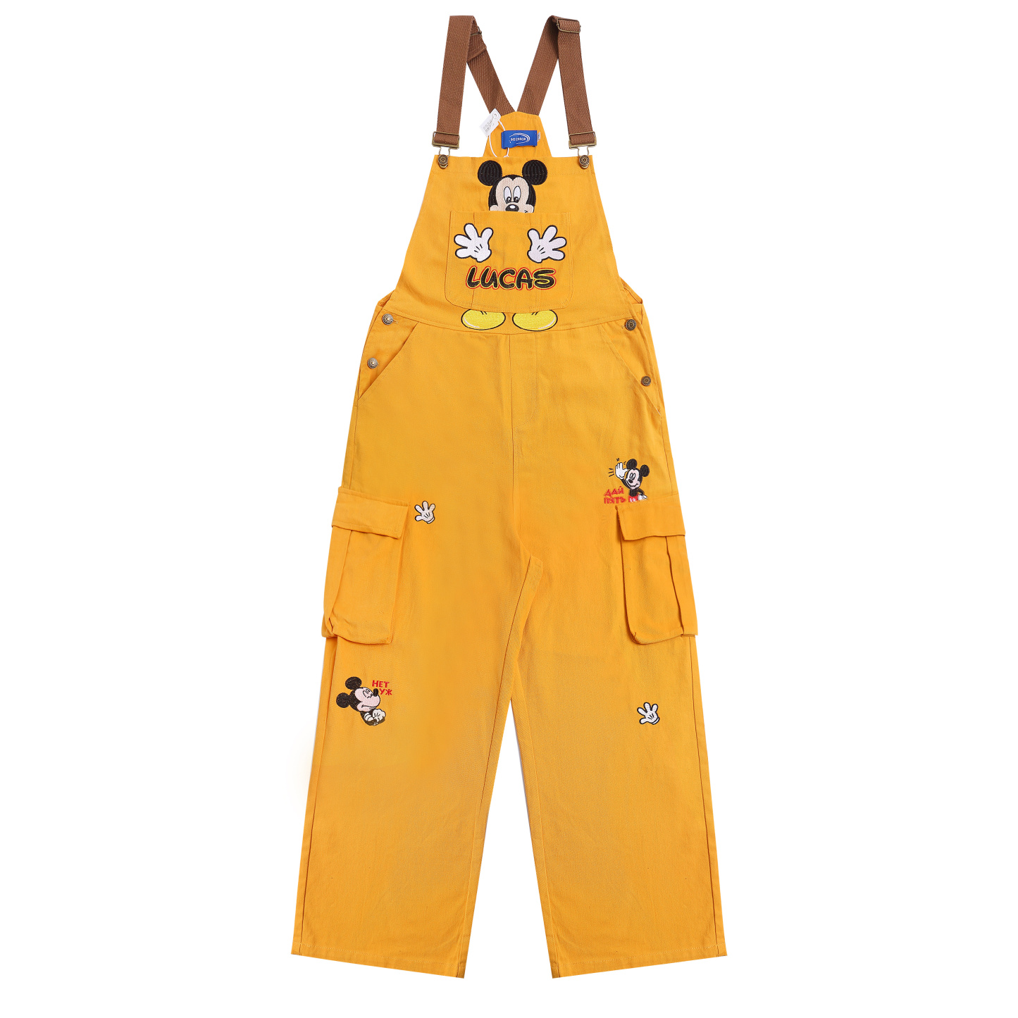 古著風米奇復古休閒背帶褲女寬鬆bf美式黃色闊腿連體長褲春秋