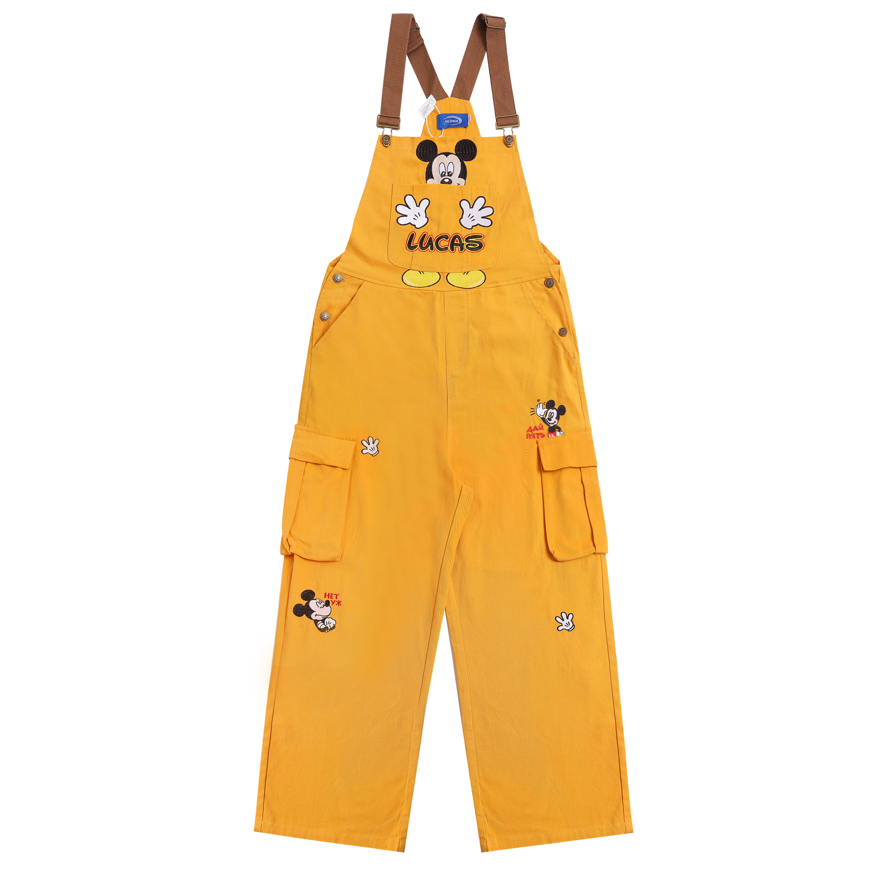 古著風米奇復古休閒背帶褲女寬鬆bf美式黃色闊腿連體長褲春秋