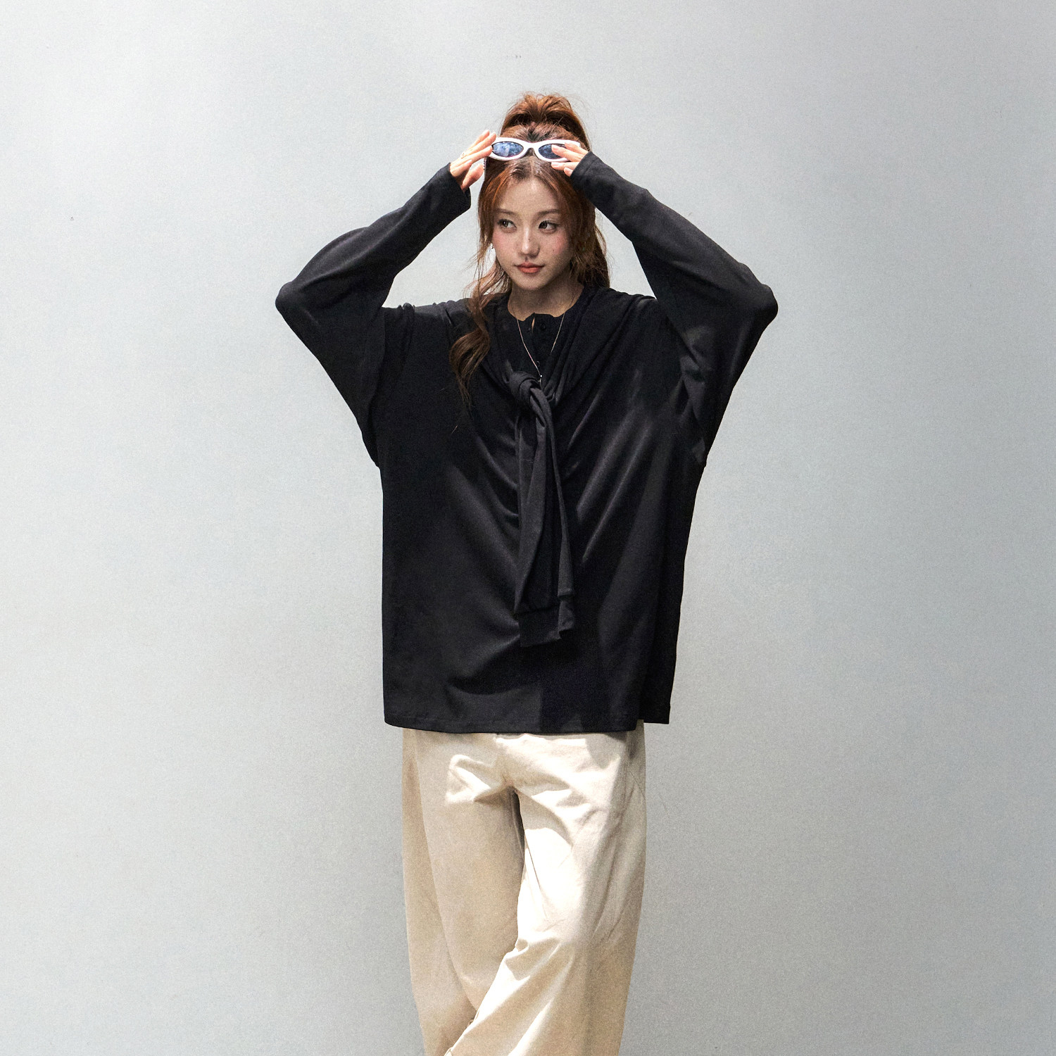 亨利領長袖t恤女早秋韓系慵懶鬆弛感上衣疊穿披肩