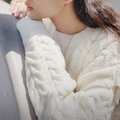 馬登女裝 可拆卸絞花毛衣復古忌廉白慵懶麻花毛衣圓領針織衫背心冬季女